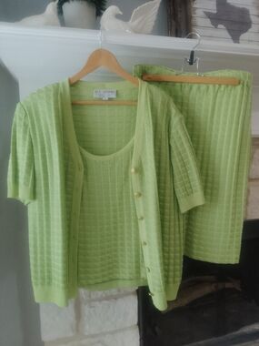 3 Pcs. St. John Pale Lime Knit Top, Cardigan, Skirt
